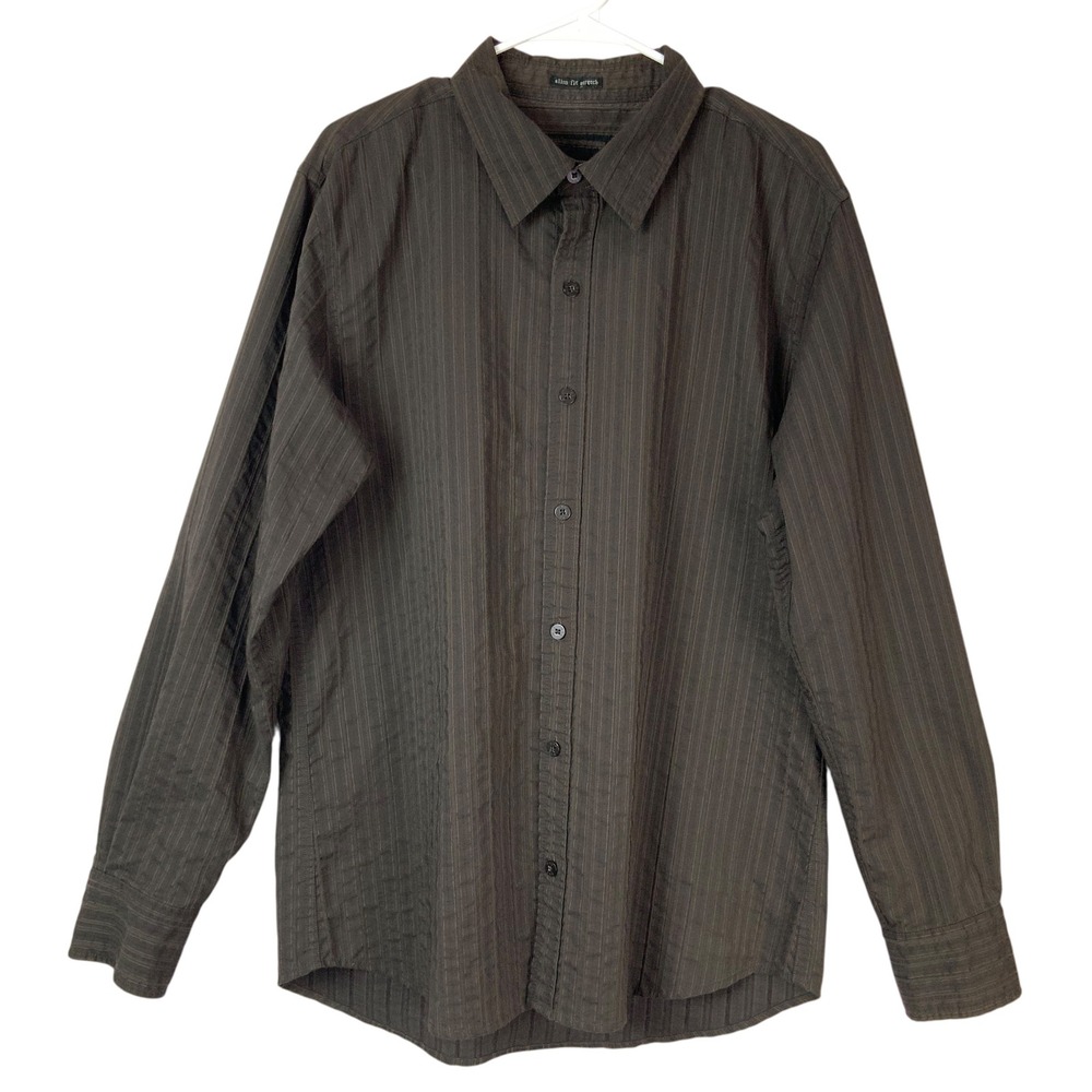 BKE Slim Fit Stretch Brown Striped Button Up Shirt Large Collared Long Sleeve